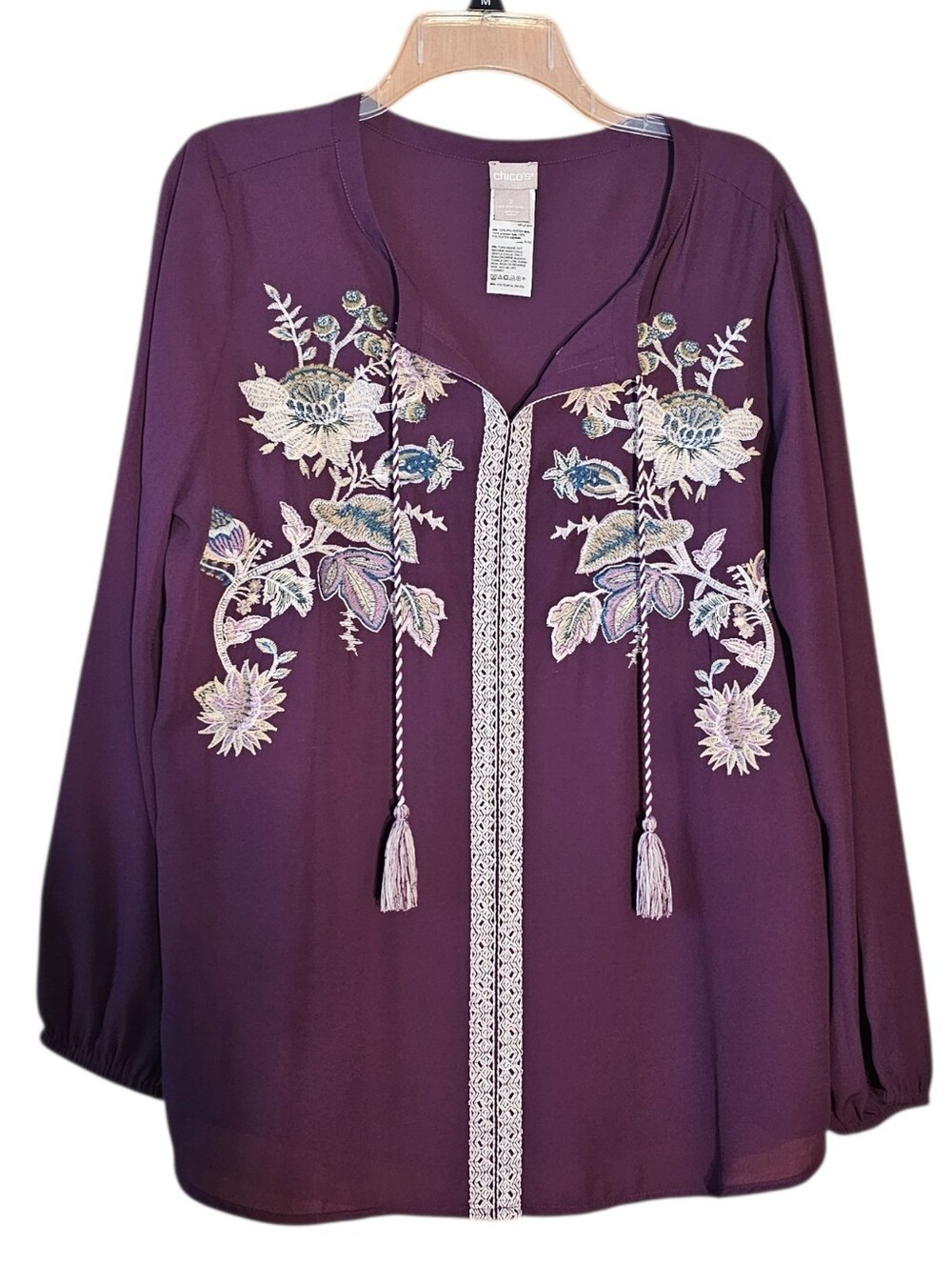 Chico’s Embroidered Tunic Blouse Women’s Size 2  Purple Floral Boho Top
